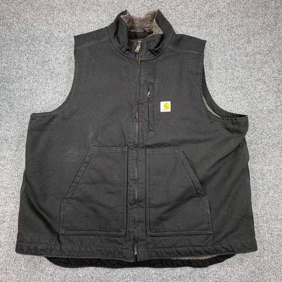 Carhartt Washed Duck Mock-Neck Vest Mens XL Loose Fit Black Canvas Sherpa Lined - Picture 2 of 12